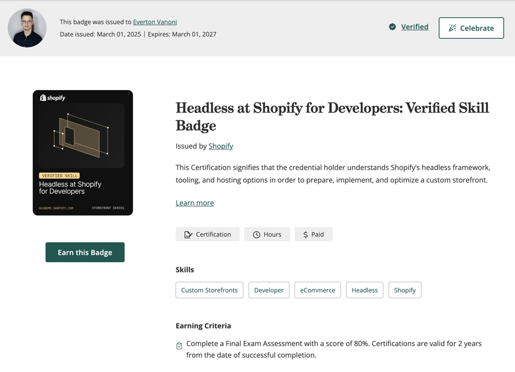 Shopify - Headless at Shopify for Developers: Verified Skill Badge